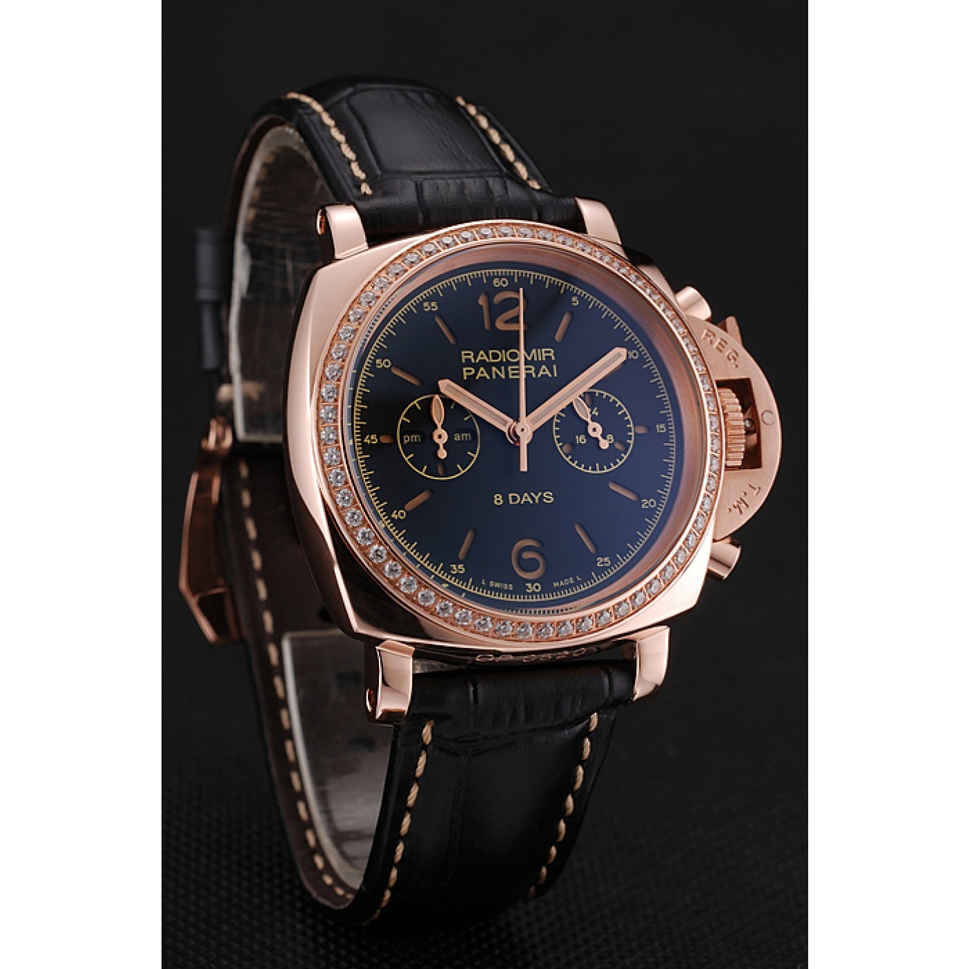 MiroTime Panerai Radiomir 8 Days Chronograph Black Dial Diamond Bezel Rose Gold Case Black Leather Strap 1453798
