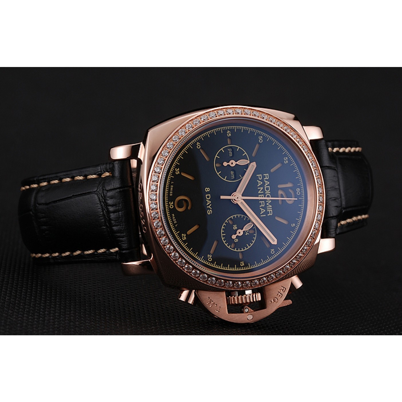 MiroTime Panerai Radiomir 8 Days Chronograph Black Dial Diamond Bezel Rose Gold Case Black Leather Strap 1453798