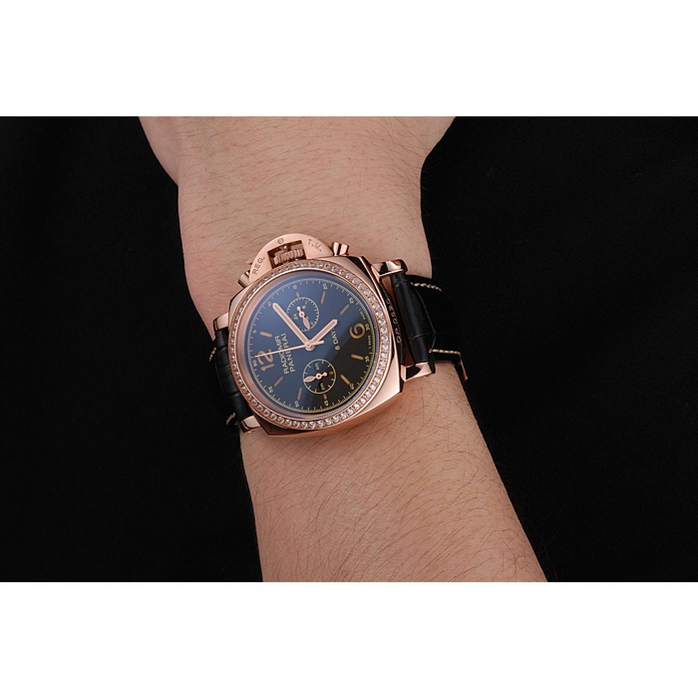 MiroTime Panerai Radiomir 8 Days Chronograph Black Dial Diamond Bezel Rose Gold Case Black Leather Strap 1453798