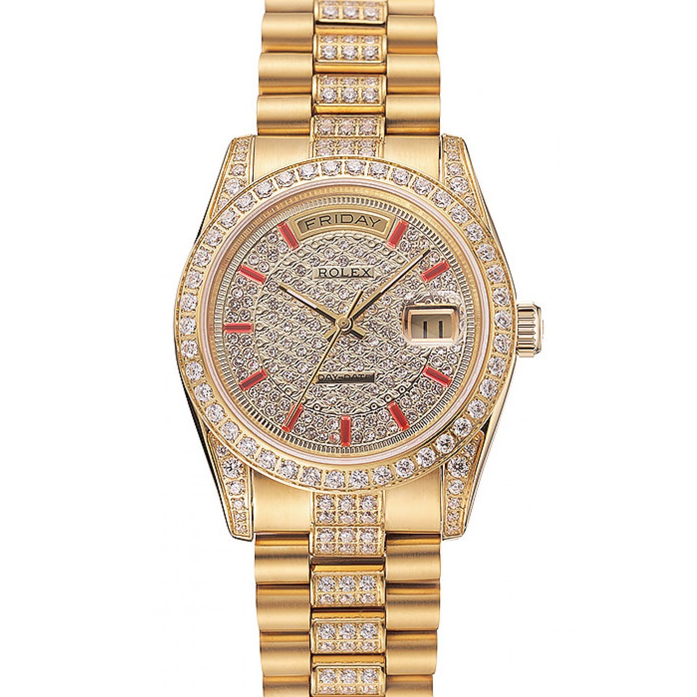 MiroTime Swiss Rolex Day-Date Red Diamond Pave Dial Gold Diamond Bracelet 1453960