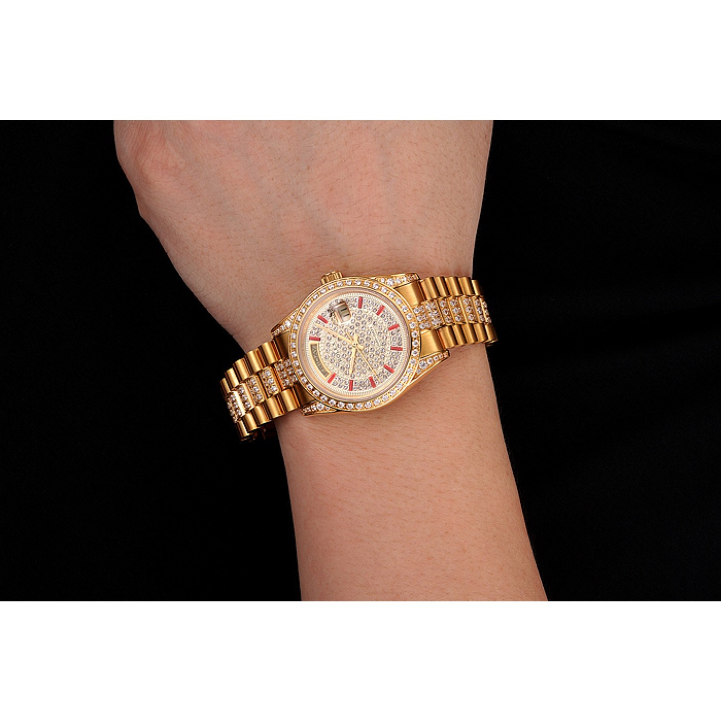 MiroTime Swiss Rolex Day-Date Red Diamond Pave Dial Gold Diamond Bracelet 1453960