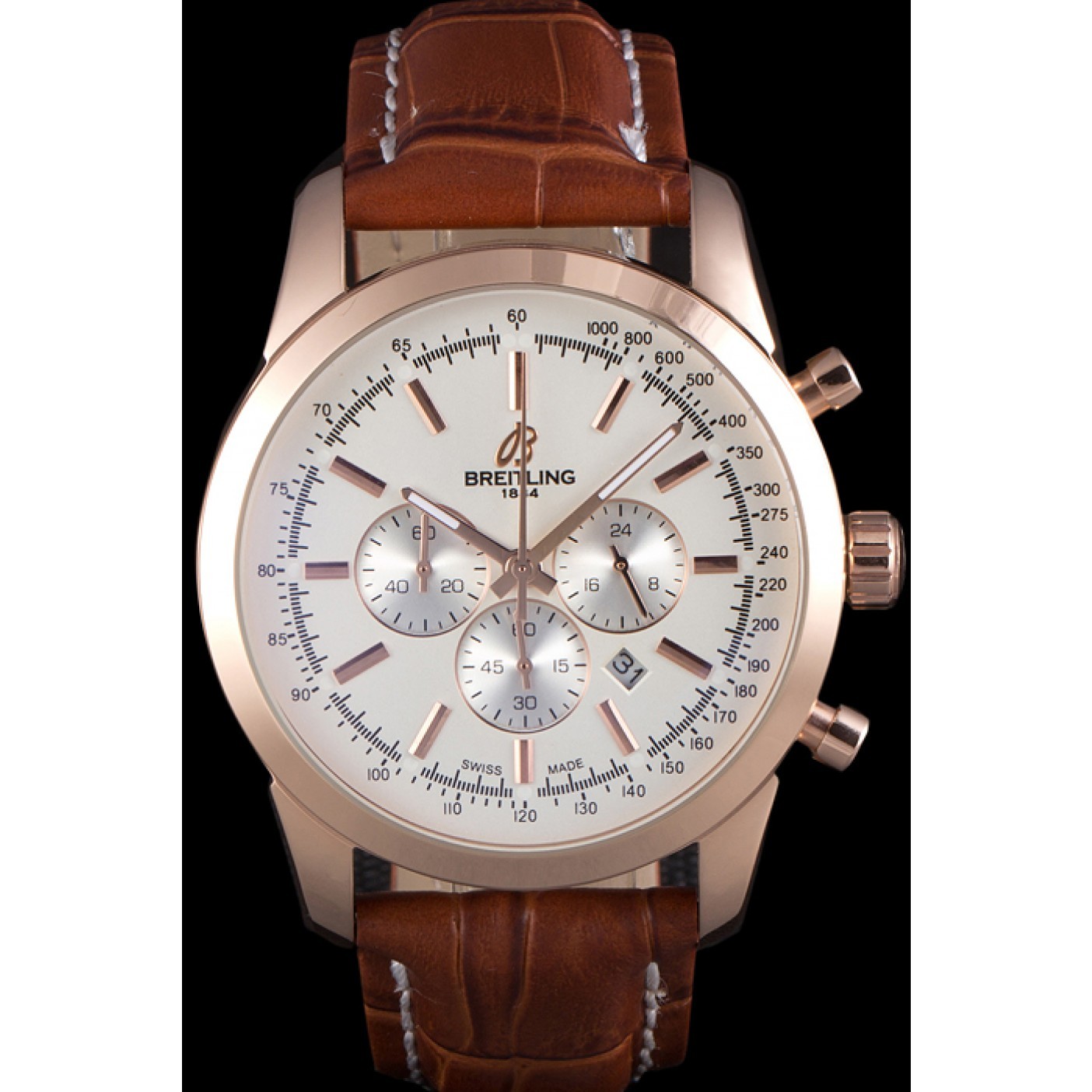 MiroTime Breitling Transocean White Dial Brown Leather Strap Rose Gold Bezel