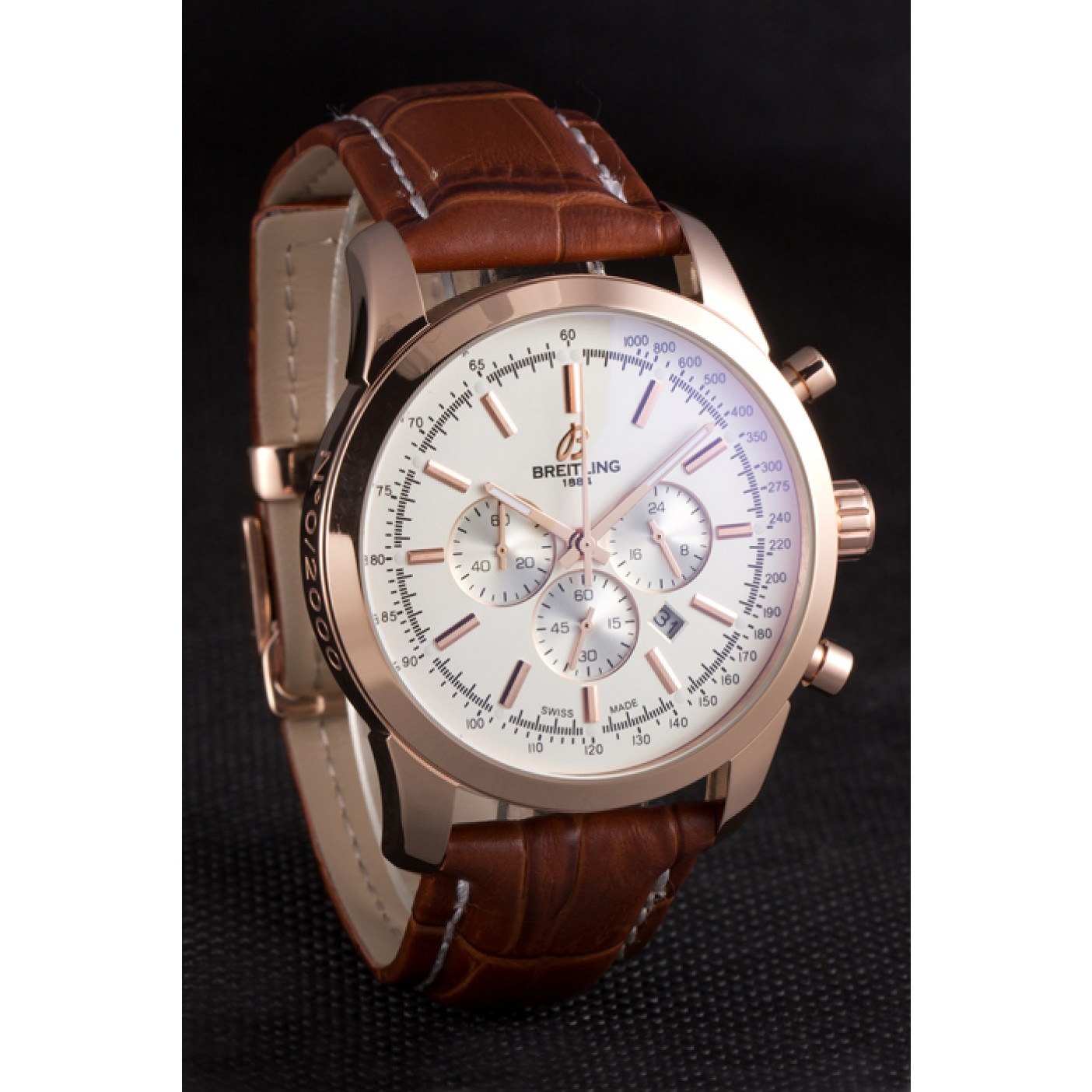 MiroTime Breitling Transocean White Dial Brown Leather Strap Rose Gold Bezel