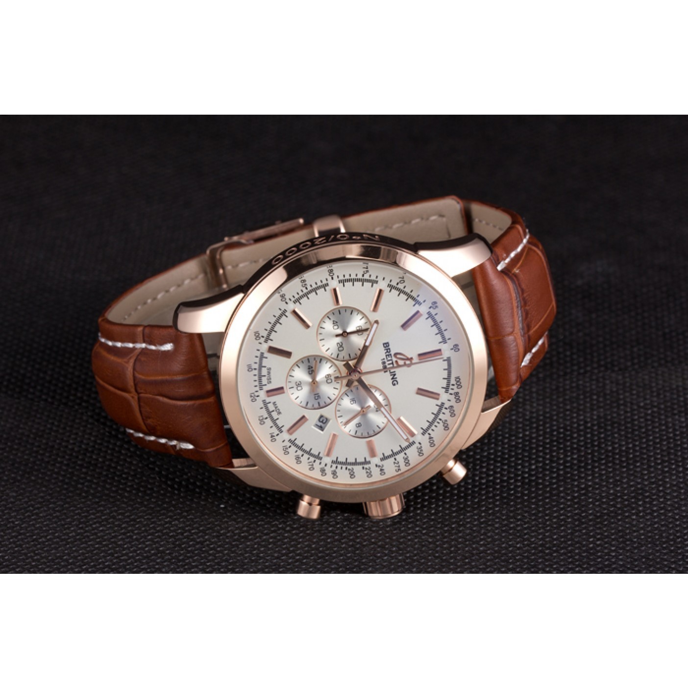 MiroTime Breitling Transocean White Dial Brown Leather Strap Rose Gold Bezel