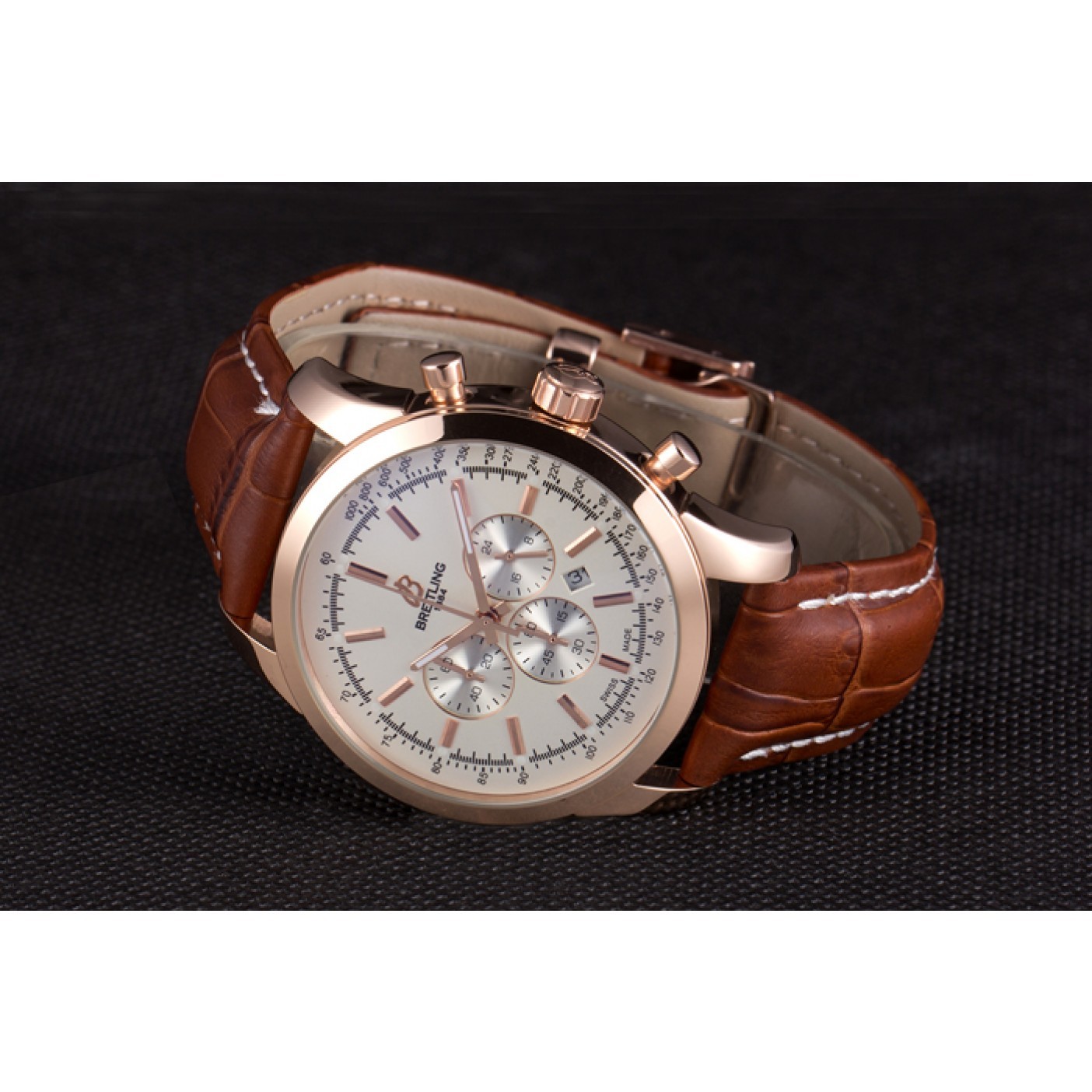 MiroTime Breitling Transocean White Dial Brown Leather Strap Rose Gold Bezel