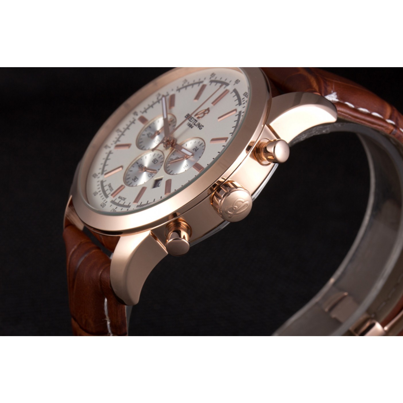 MiroTime Breitling Transocean White Dial Brown Leather Strap Rose Gold Bezel