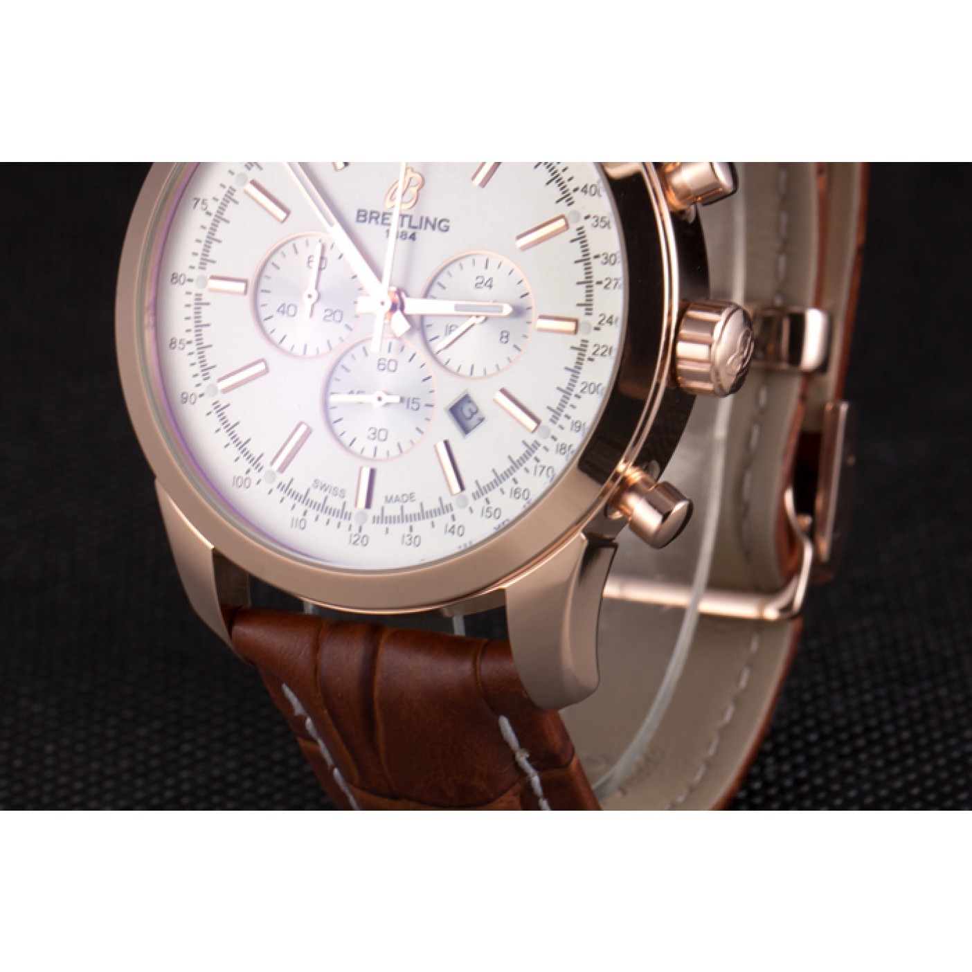 MiroTime Breitling Transocean White Dial Brown Leather Strap Rose Gold Bezel
