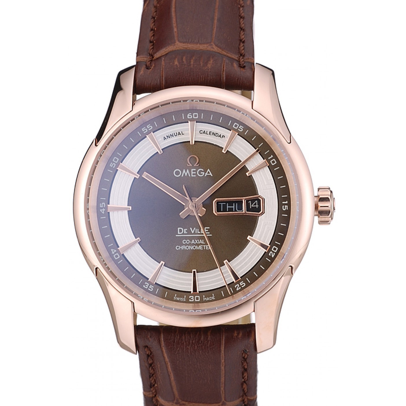 MiroTime Omega Swiss DeVille Rose Gold Bezel Brown Leather Strap 7616