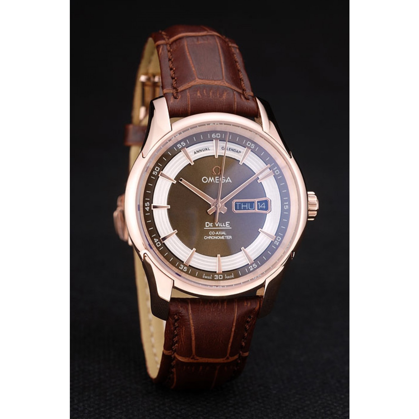 MiroTime Omega Swiss DeVille Rose Gold Bezel Brown Leather Strap 7616