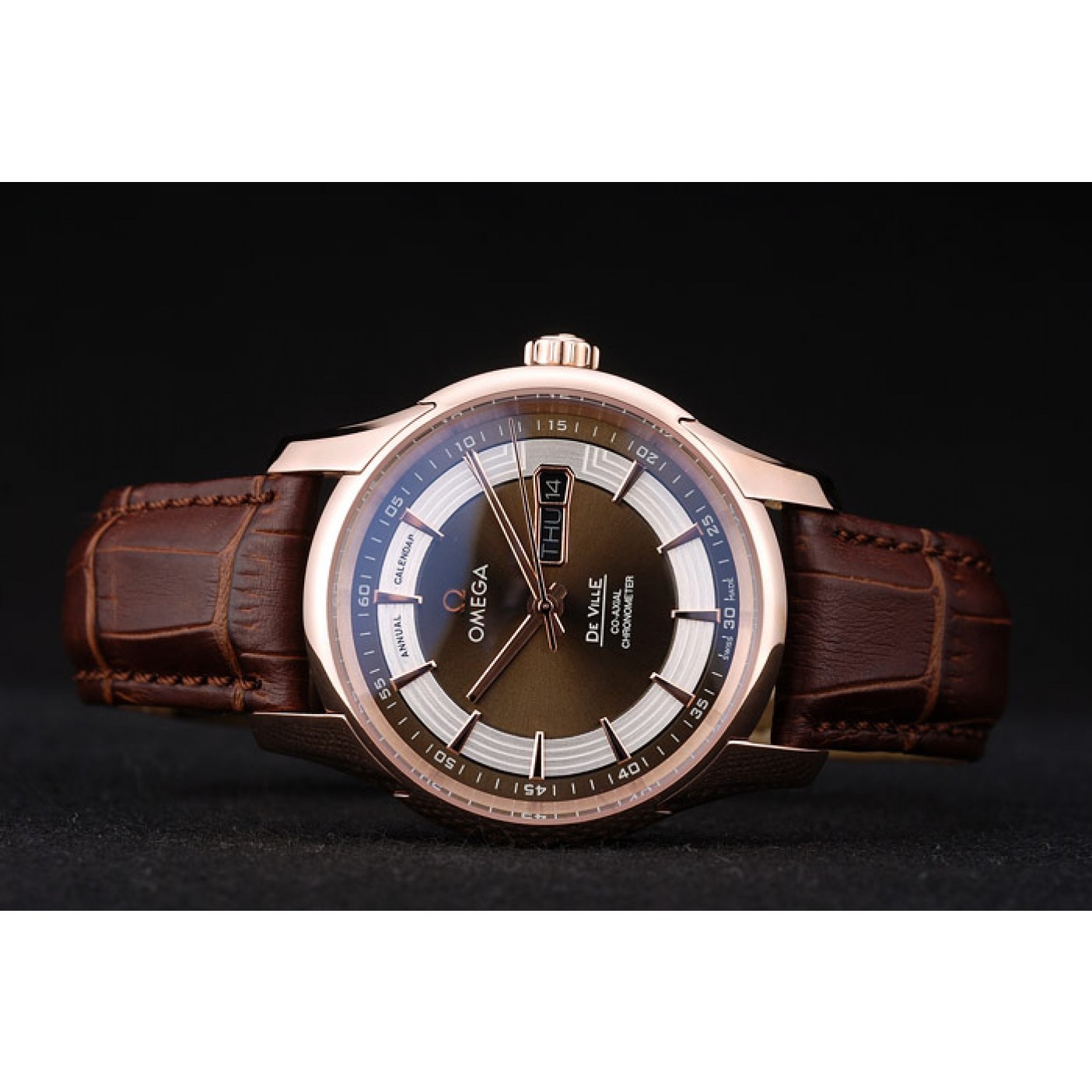 MiroTime Omega Swiss DeVille Rose Gold Bezel Brown Leather Strap 7616