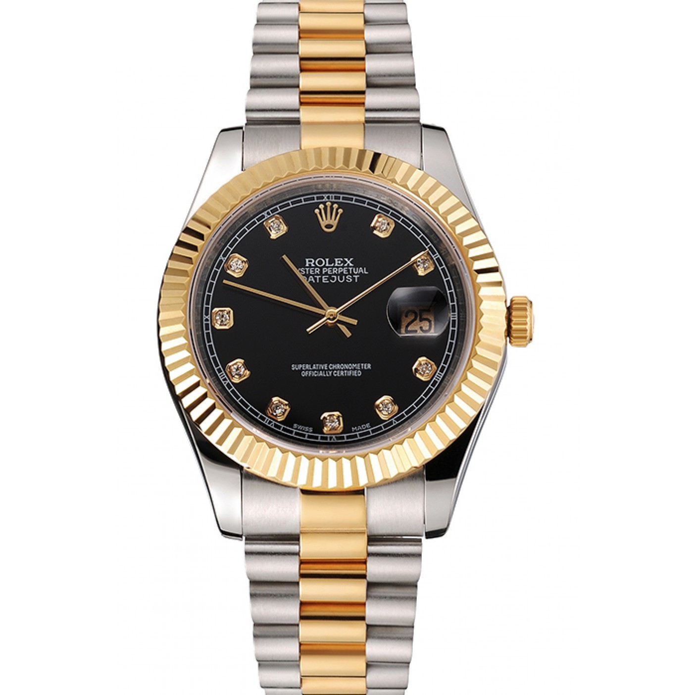 MiroTime Swiss Rolex Datejust Black Dial Stainless Steel Case Gold Bezel Two Tone Bracelet