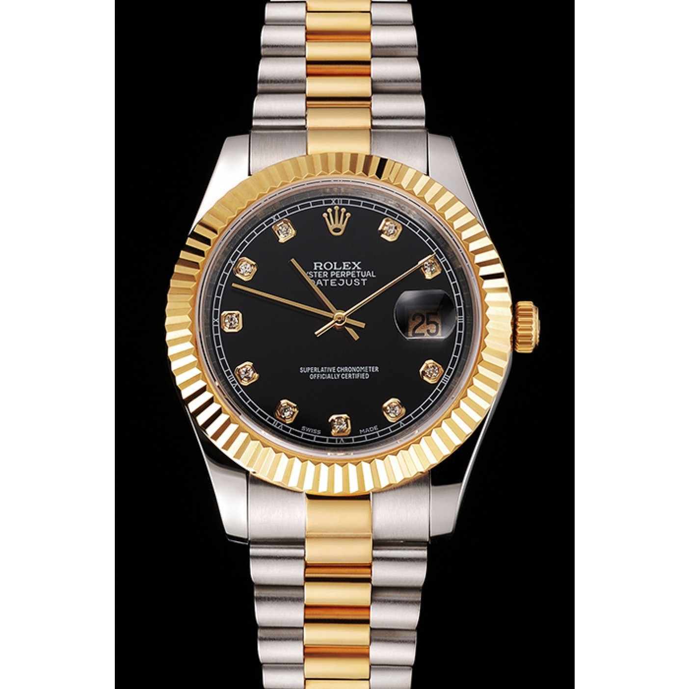 MiroTime Swiss Rolex Datejust Black Dial Stainless Steel Case Gold Bezel Two Tone Bracelet