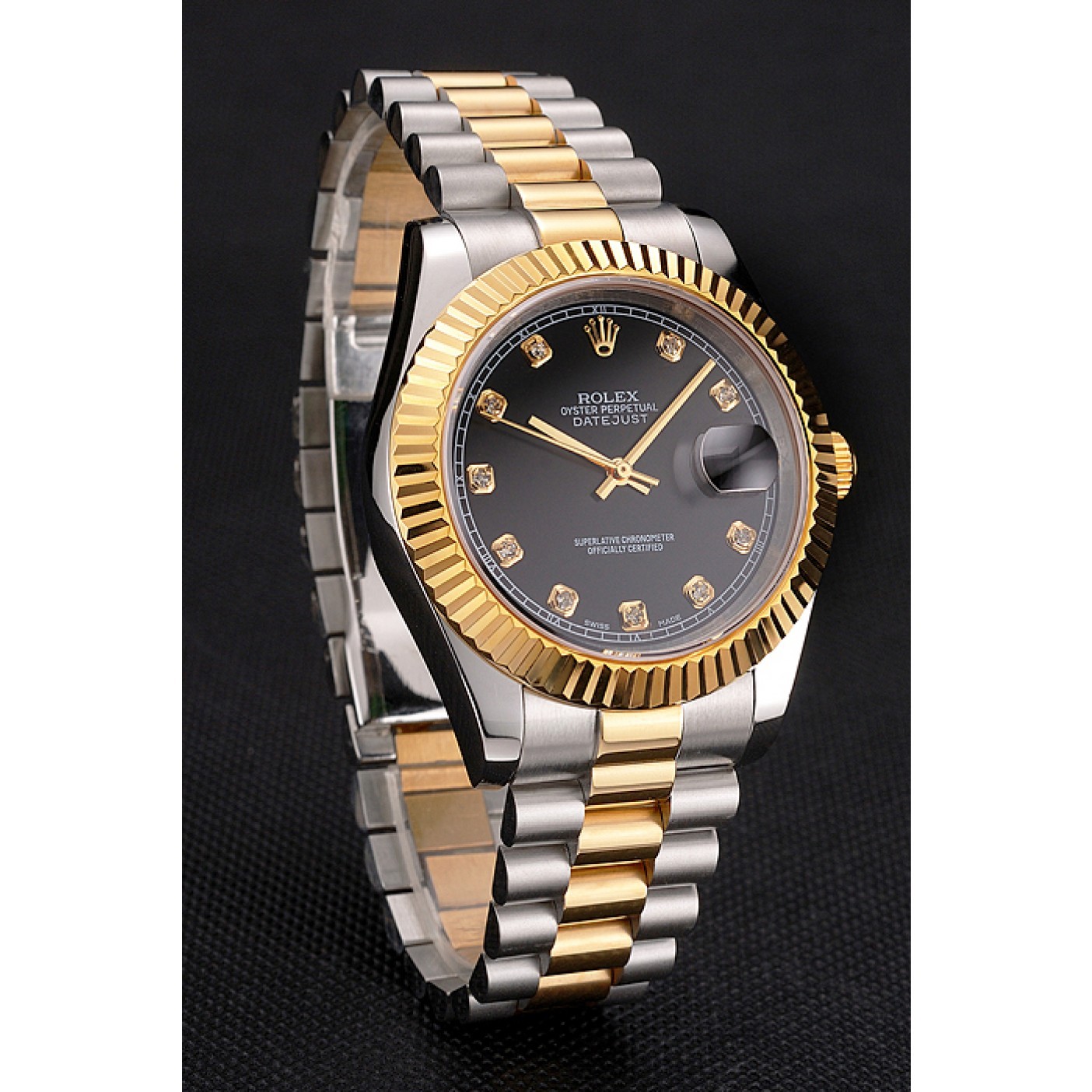 MiroTime Swiss Rolex Datejust Black Dial Stainless Steel Case Gold Bezel Two Tone Bracelet