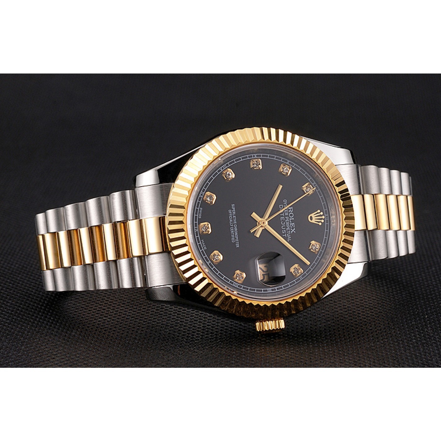 MiroTime Swiss Rolex Datejust Black Dial Stainless Steel Case Gold Bezel Two Tone Bracelet