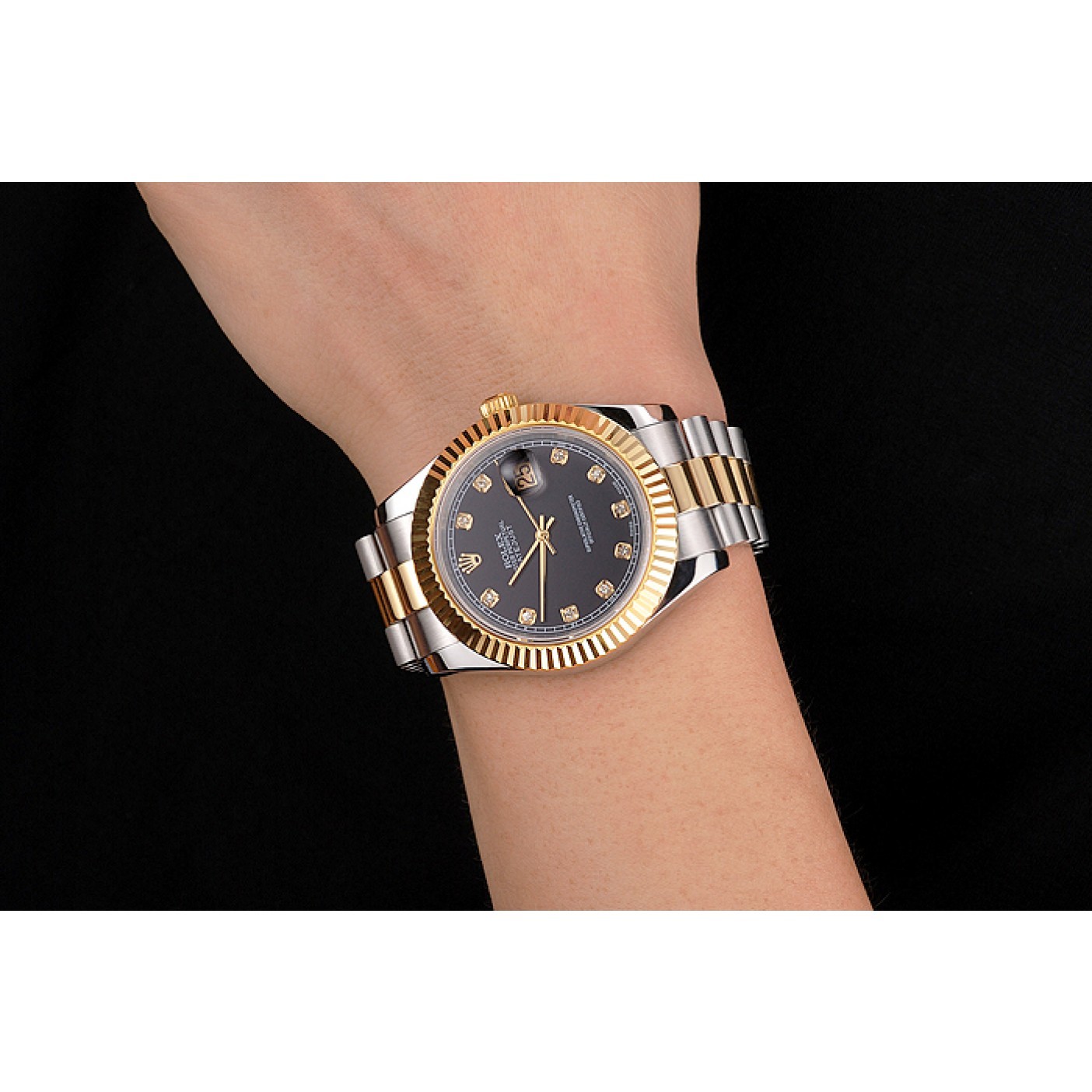 MiroTime Swiss Rolex Datejust Black Dial Stainless Steel Case Gold Bezel Two Tone Bracelet