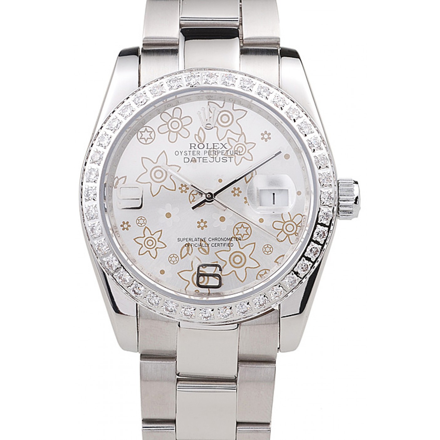 MiroTime Rolex Datejust Polished Stainless Steel Silver Flowers Dial Diamond Plated 98081