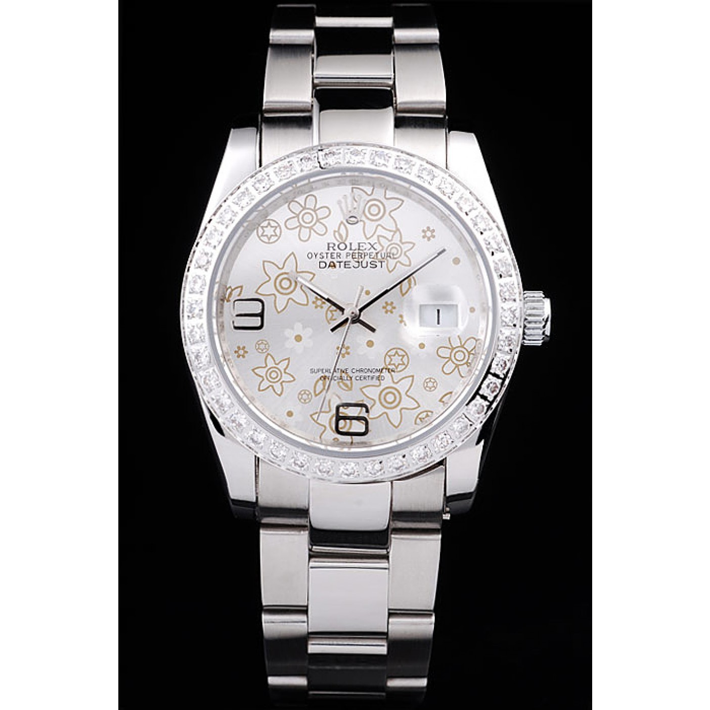 MiroTime Rolex Datejust Polished Stainless Steel Silver Flowers Dial Diamond Plated 98081