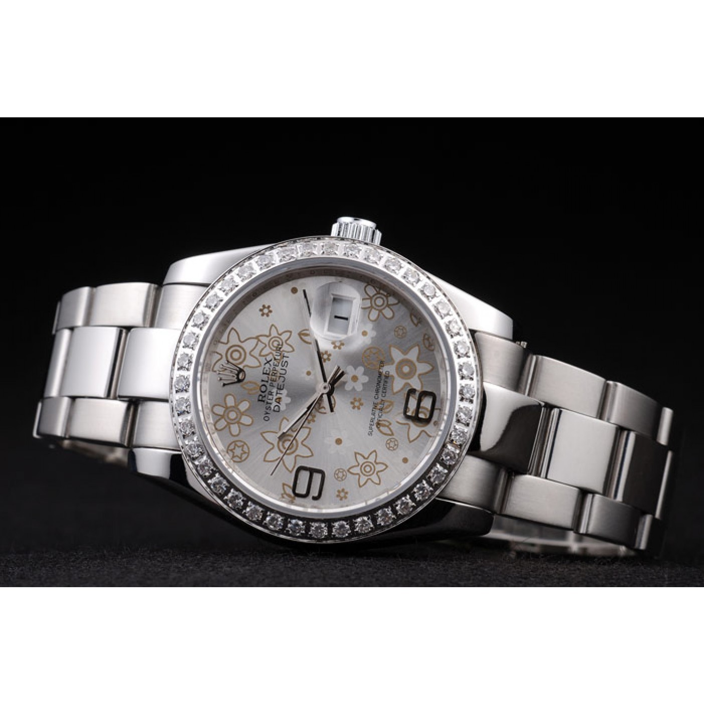 MiroTime Rolex Datejust Polished Stainless Steel Silver Flowers Dial Diamond Plated 98081