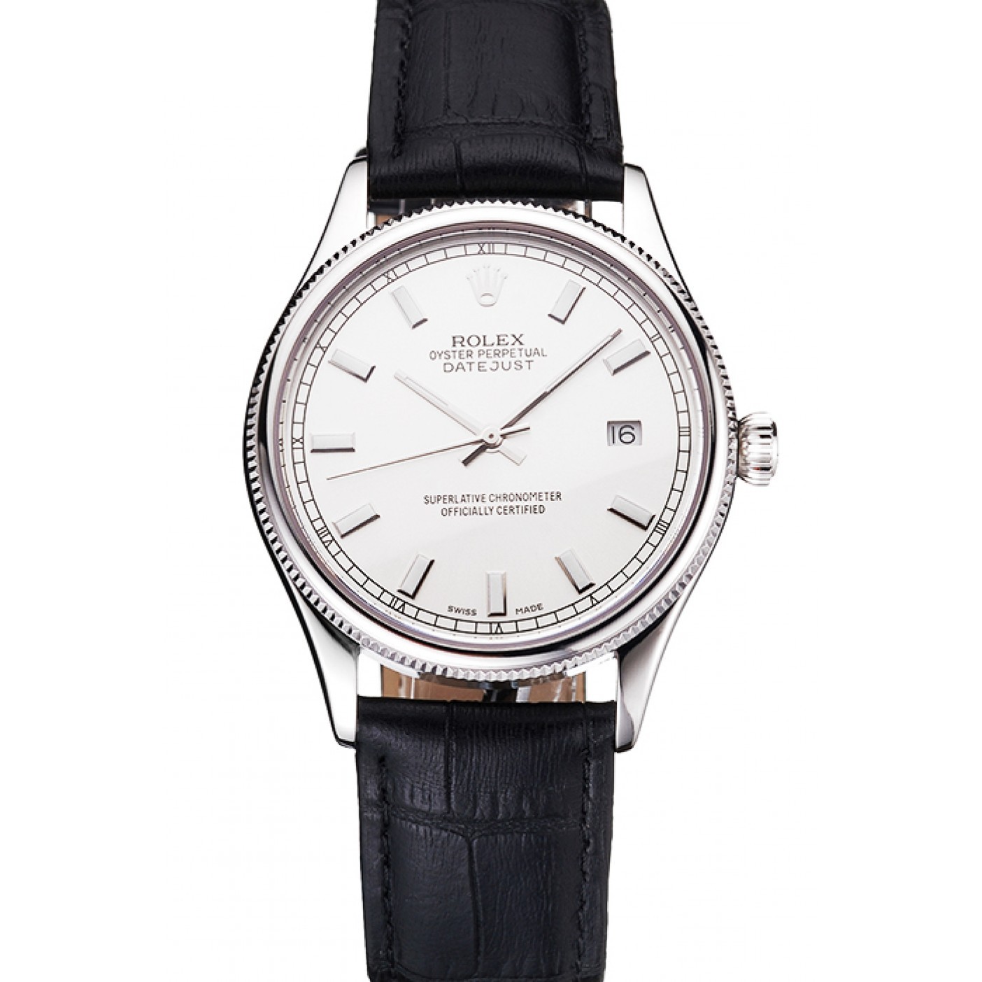 MiroTime Swiss Rolex Datejust White Dial Stainless Steel Case Black Leather Strap
