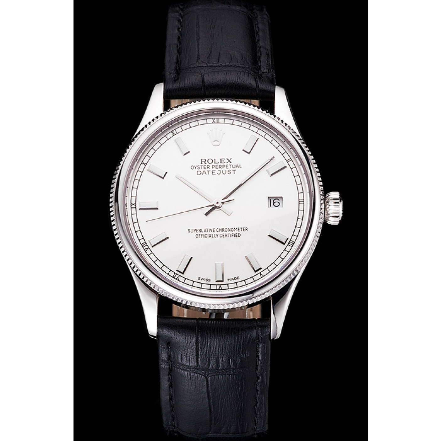 MiroTime Swiss Rolex Datejust White Dial Stainless Steel Case Black Leather Strap