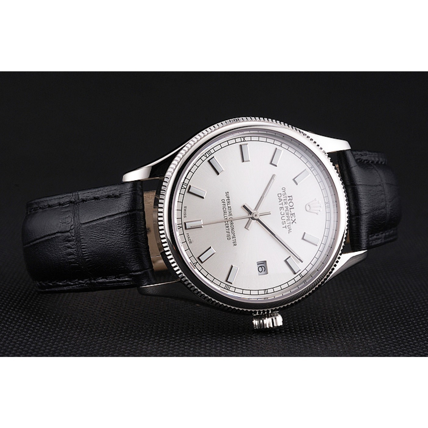 MiroTime Swiss Rolex Datejust White Dial Stainless Steel Case Black Leather Strap