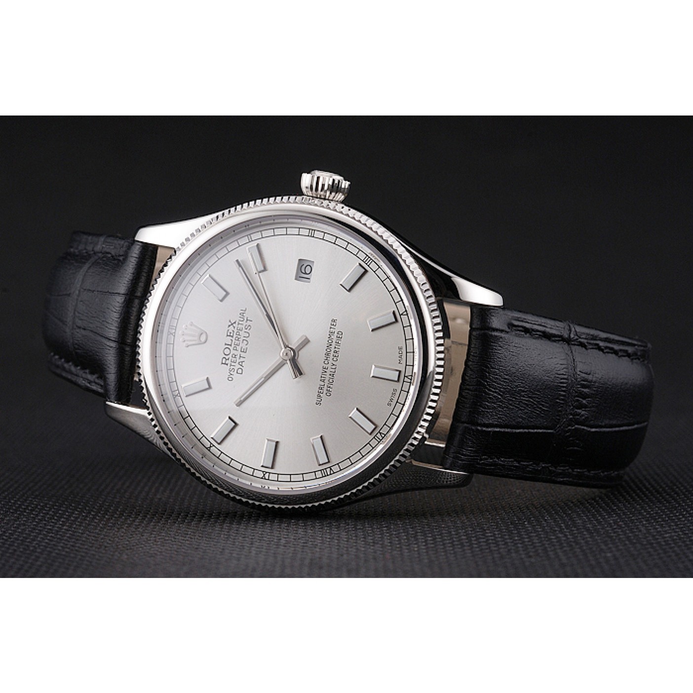 MiroTime Swiss Rolex Datejust White Dial Stainless Steel Case Black Leather Strap