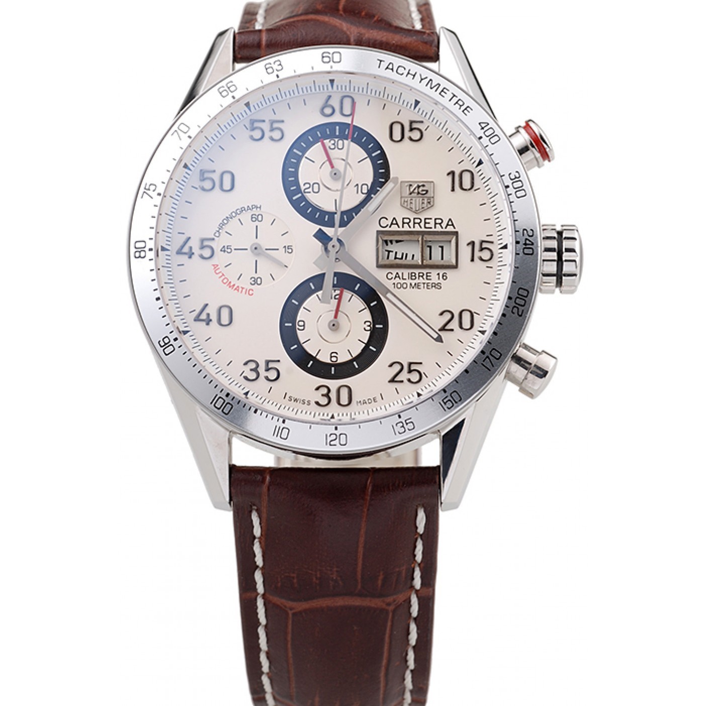 MiroTime Tag Heuer Swiss Carrera Tachymeter Bezel Dark Brown Leather Strap White Dial