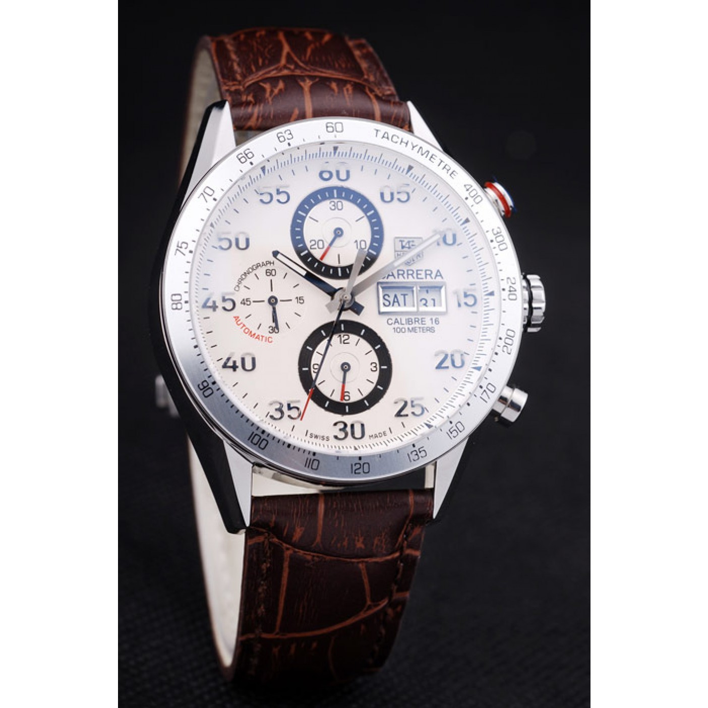 MiroTime Tag Heuer Swiss Carrera Tachymeter Bezel Dark Brown Leather Strap White Dial