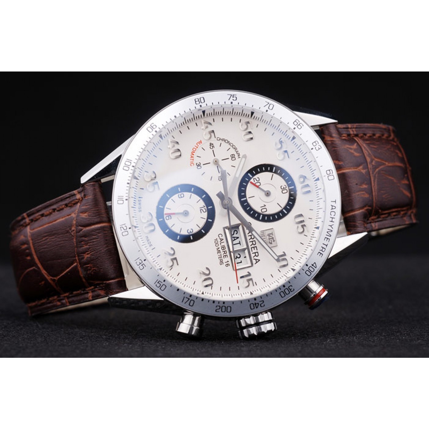 MiroTime Tag Heuer Swiss Carrera Tachymeter Bezel Dark Brown Leather Strap White Dial