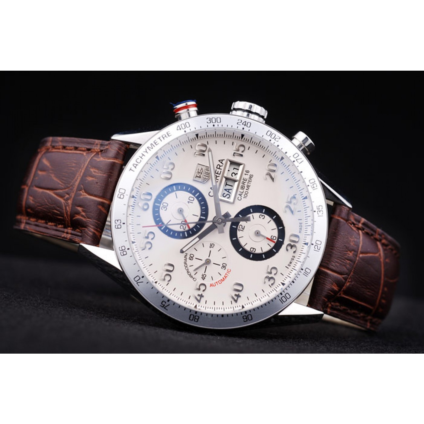 MiroTime Tag Heuer Swiss Carrera Tachymeter Bezel Dark Brown Leather Strap White Dial