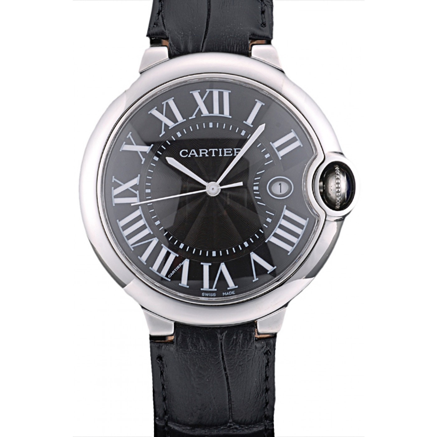 MiroTime Cartier Ballon Bleu 42mm Black Dial Stainless Steel Case Black Leather Bracelet