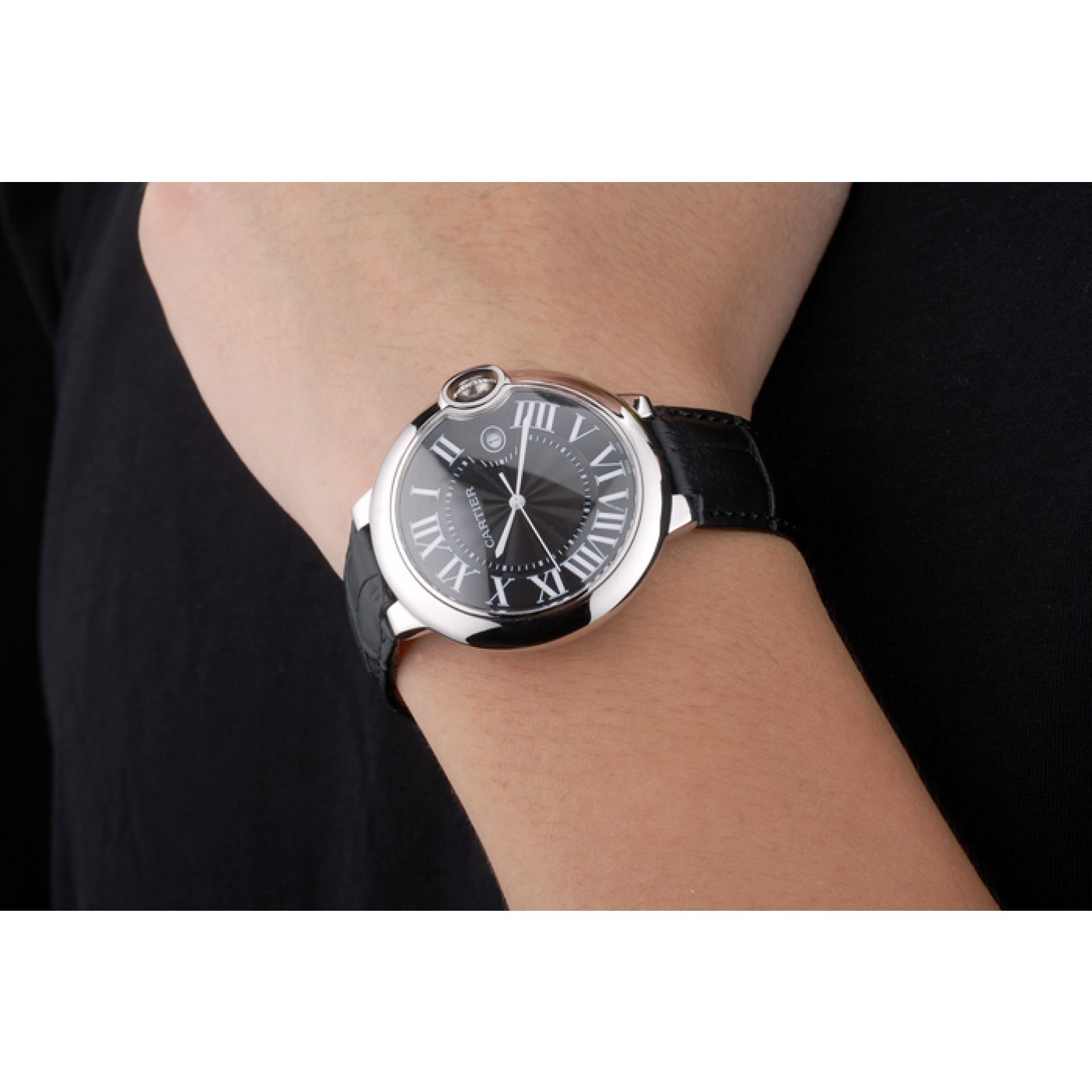 MiroTime Cartier Ballon Bleu 42mm Black Dial Stainless Steel Case Black Leather Bracelet