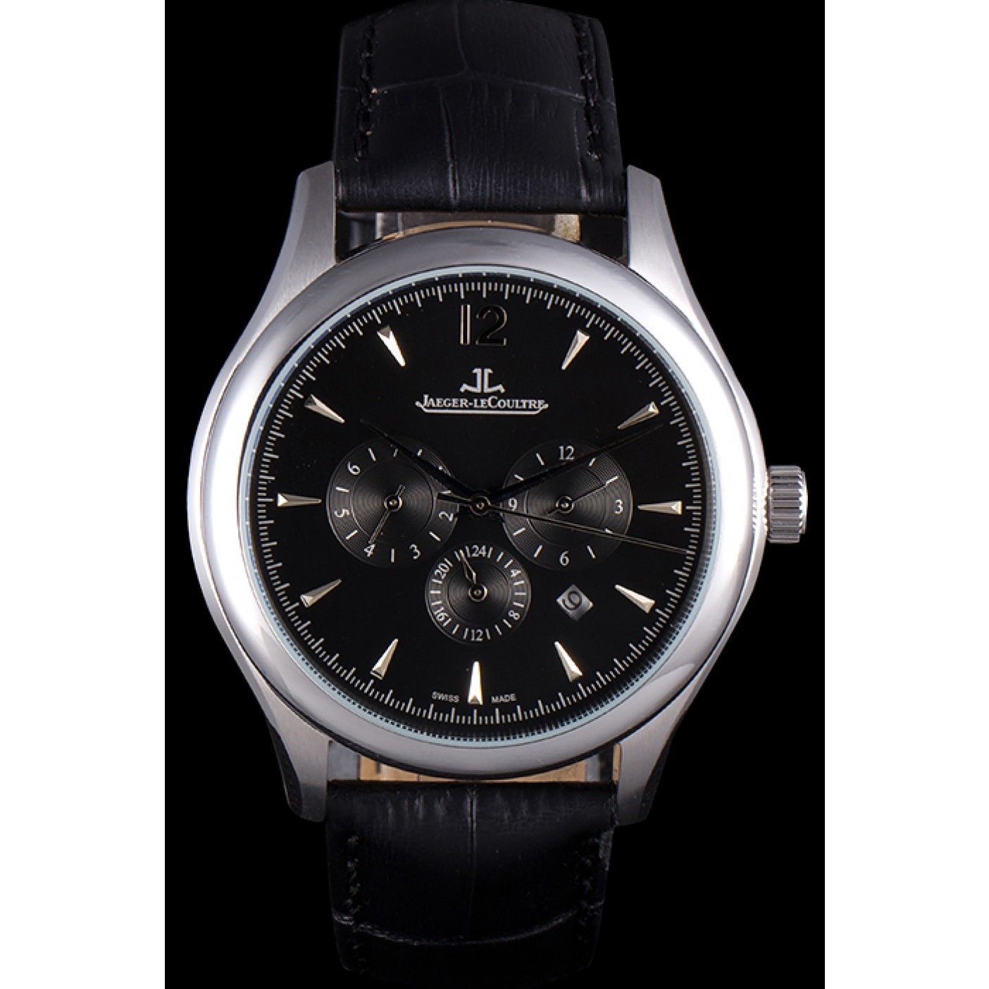 MiroTime Jaeger Lecoultre Master Chronograph Silver Bezel Black Leather Band 621620