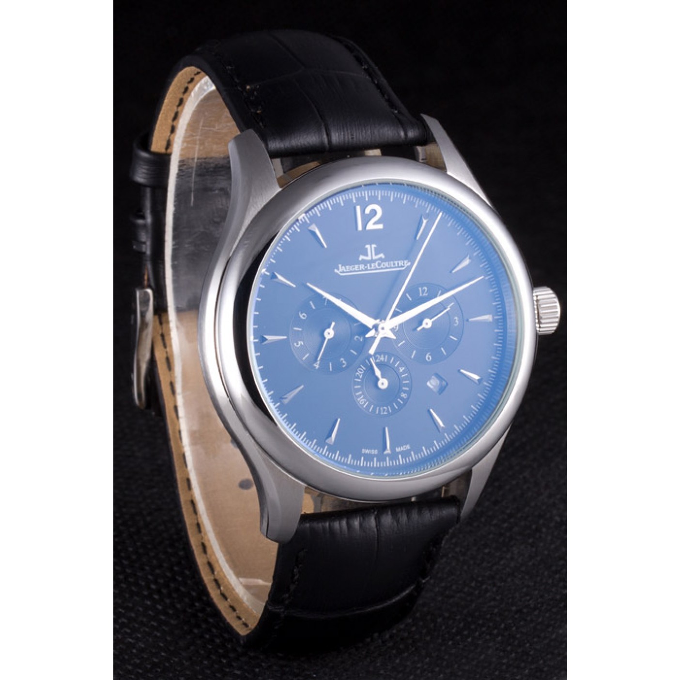 MiroTime Jaeger Lecoultre Master Chronograph Silver Bezel Black Leather Band 621620