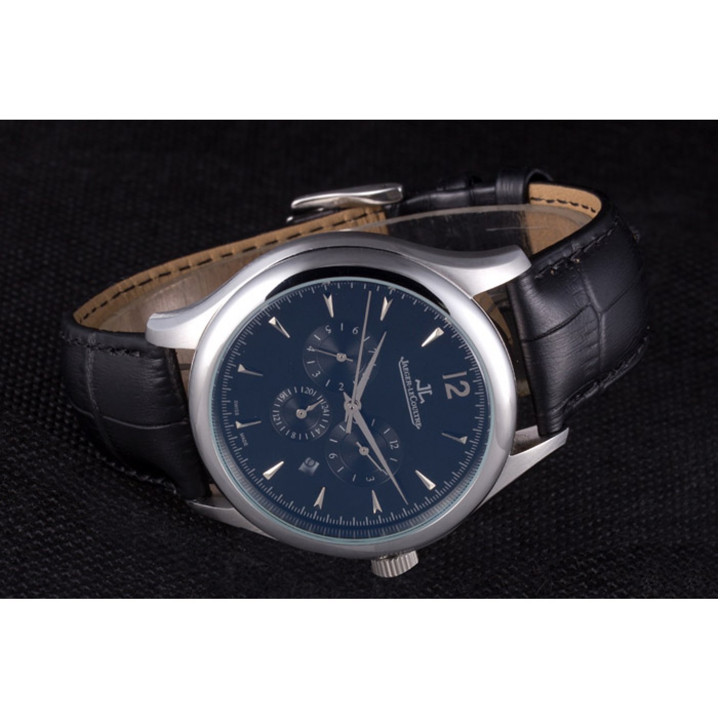 MiroTime Jaeger Lecoultre Master Chronograph Silver Bezel Black Leather Band 621620