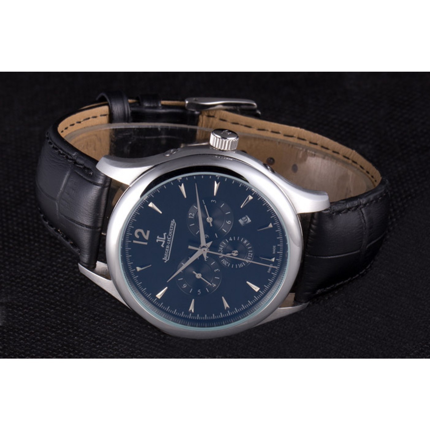 MiroTime Jaeger Lecoultre Master Chronograph Silver Bezel Black Leather Band 621620