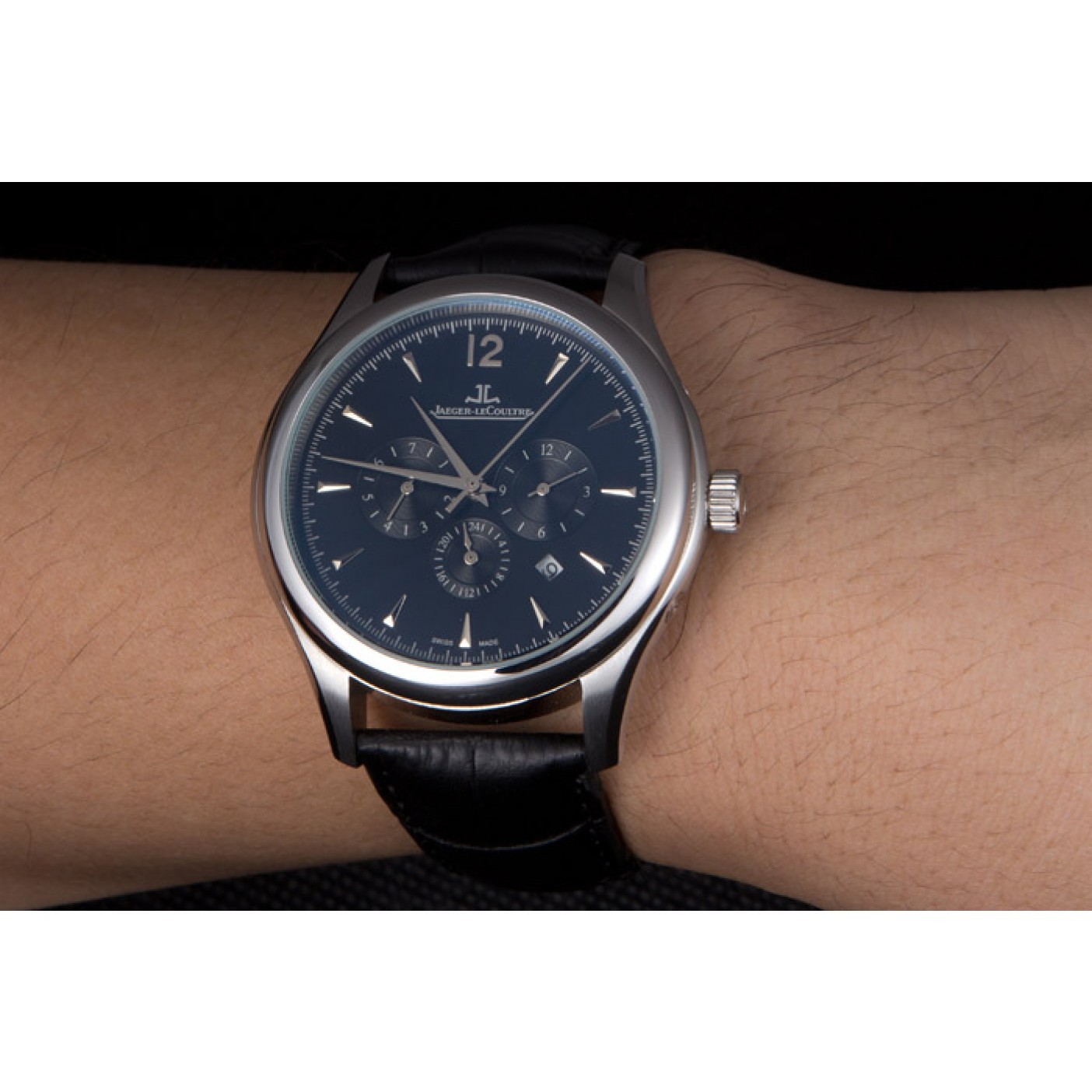 MiroTime Jaeger Lecoultre Master Chronograph Silver Bezel Black Leather Band 621620