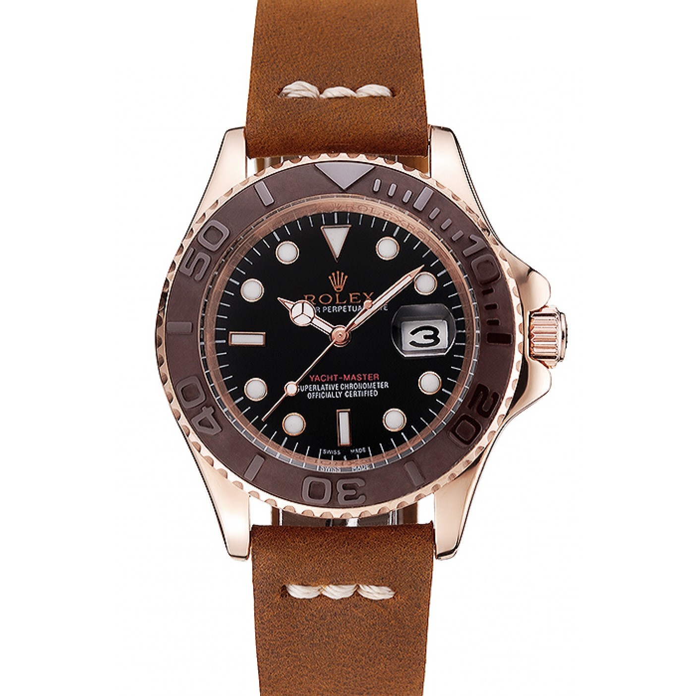 MiroTime Rolex Yacht Master Black Dial Brown Bezel Rose Gold Case Brown Leather Bracelet 1453860