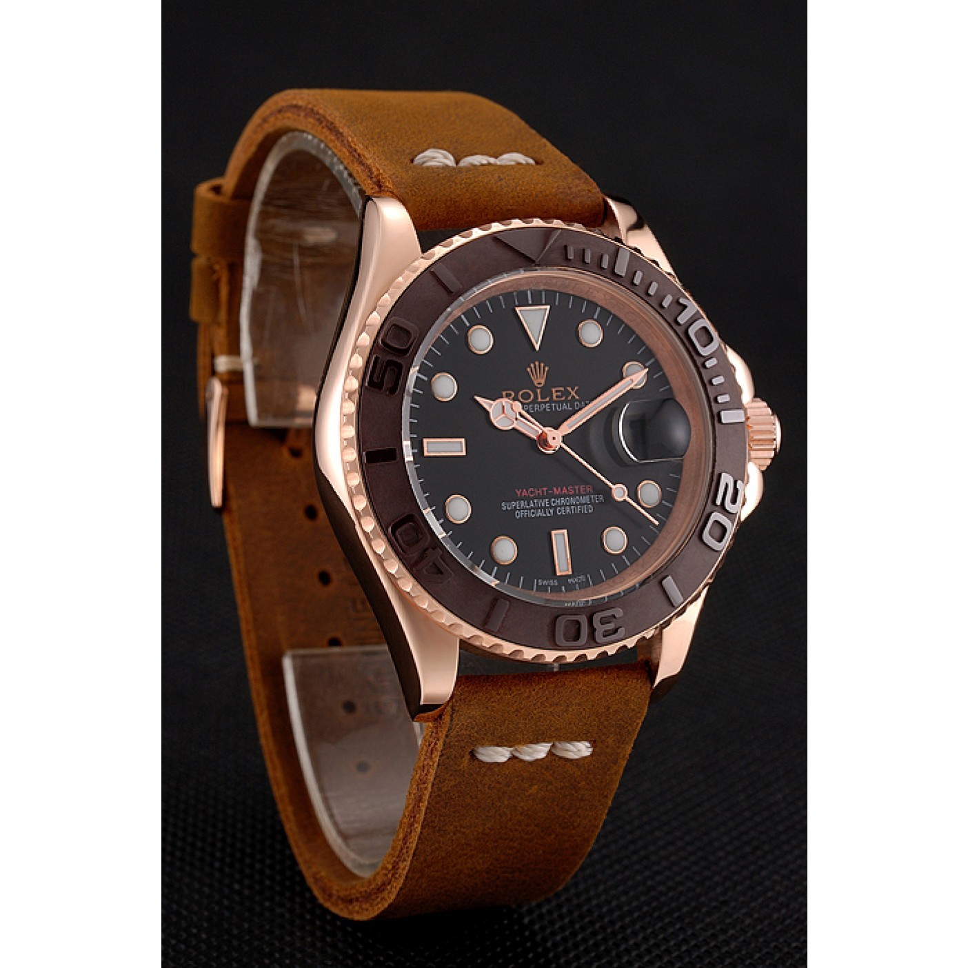 MiroTime Rolex Yacht Master Black Dial Brown Bezel Rose Gold Case Brown Leather Bracelet 1453860
