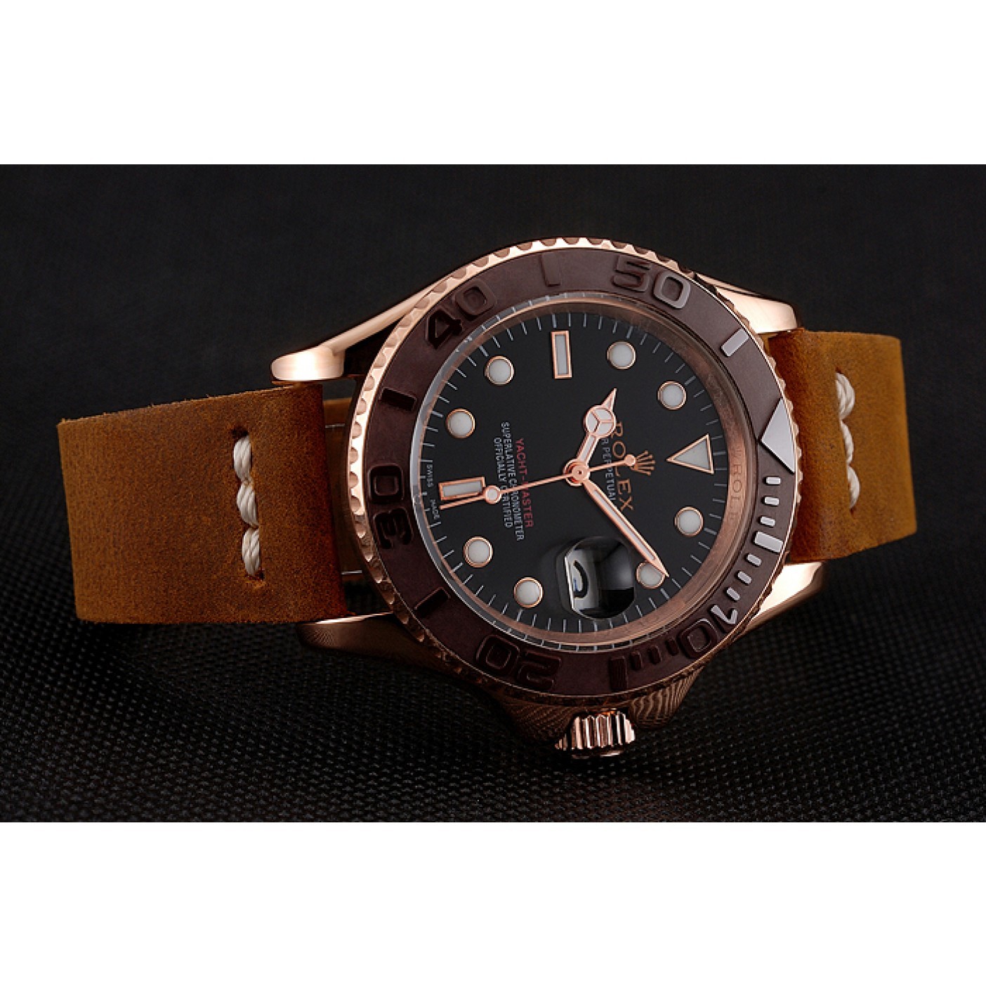 MiroTime Rolex Yacht Master Black Dial Brown Bezel Rose Gold Case Brown Leather Bracelet 1453860
