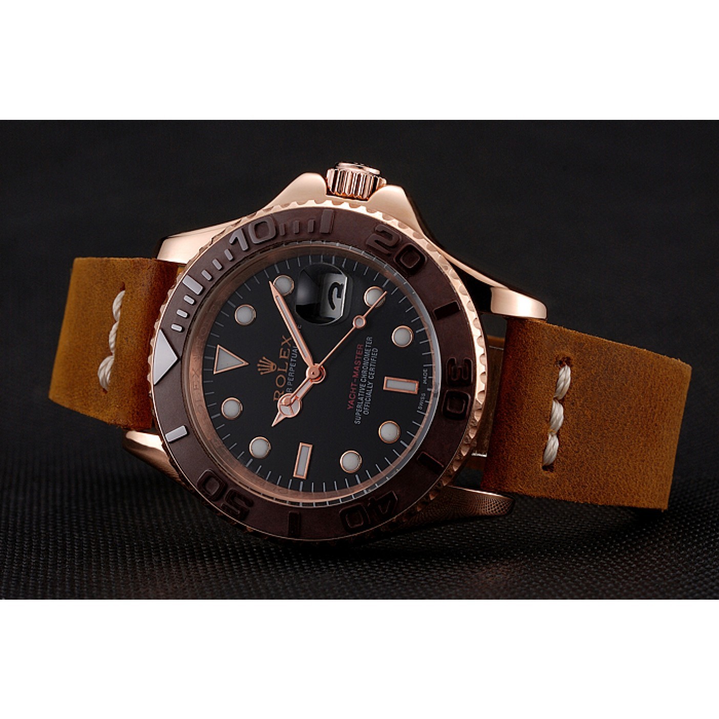 MiroTime Rolex Yacht Master Black Dial Brown Bezel Rose Gold Case Brown Leather Bracelet 1453860