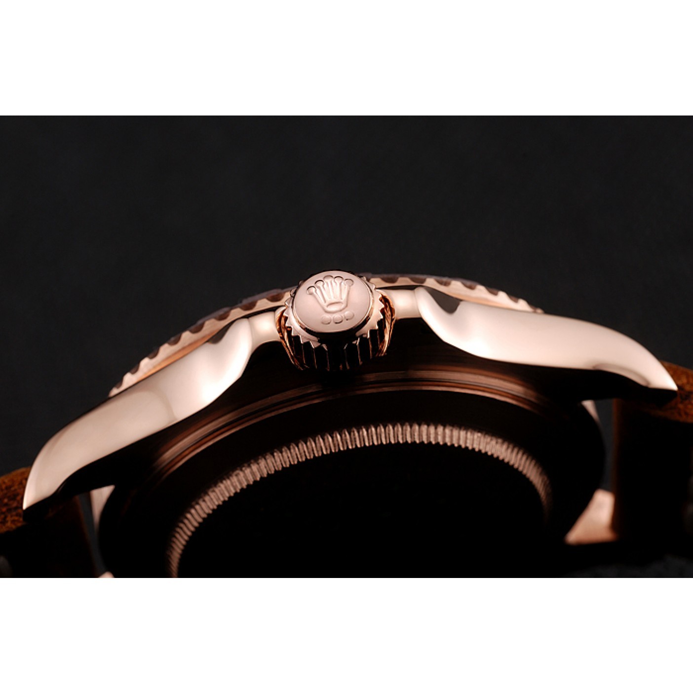 MiroTime Rolex Yacht Master Black Dial Brown Bezel Rose Gold Case Brown Leather Bracelet 1453860