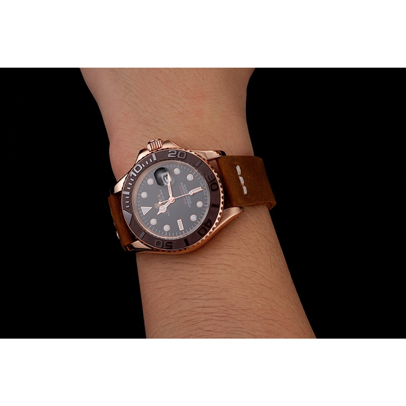 MiroTime Rolex Yacht Master Black Dial Brown Bezel Rose Gold Case Brown Leather Bracelet 1453860