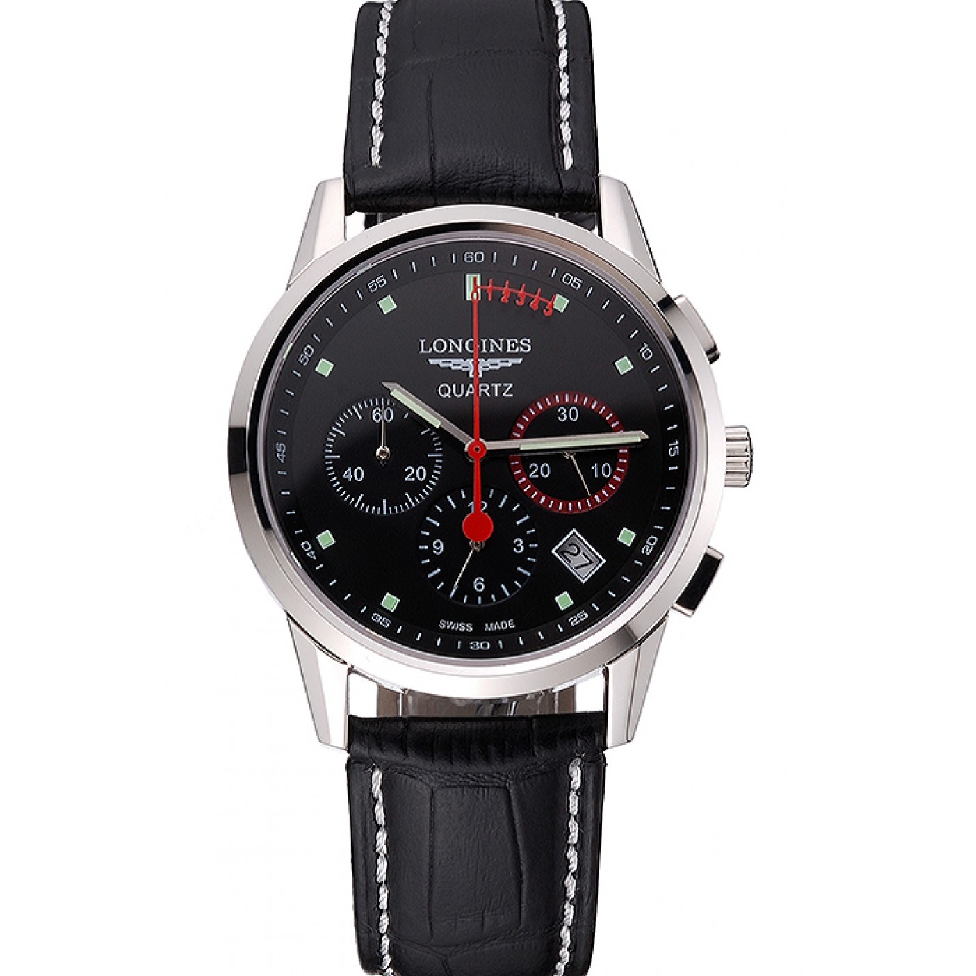 MiroTime Longines Column Wheel Black Dial Silver Stainless Steel Case Black Leather Strap