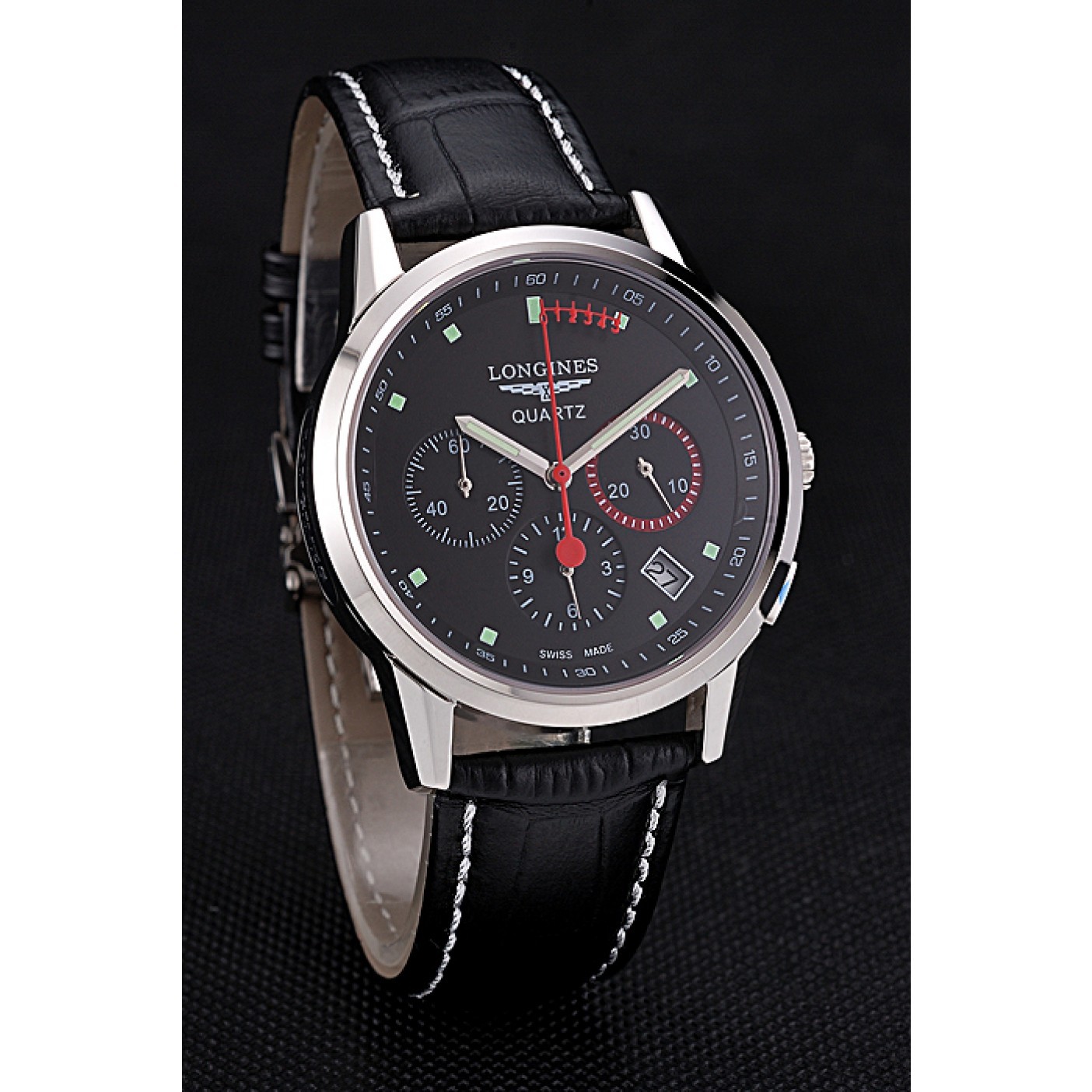 MiroTime Longines Column Wheel Black Dial Silver Stainless Steel Case Black Leather Strap