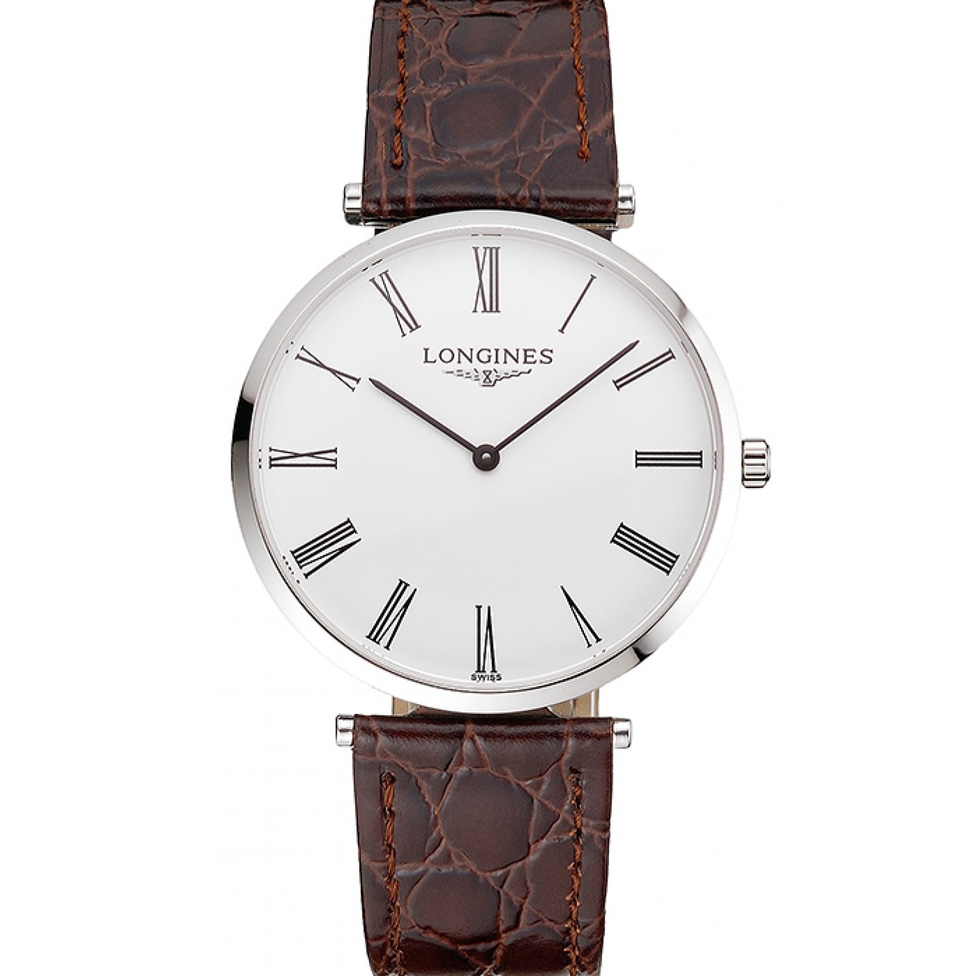 MiroTime Swiss Longines Grande Classique White Dial Roman Numerals Stainless Steel Case Brown Leather Strap