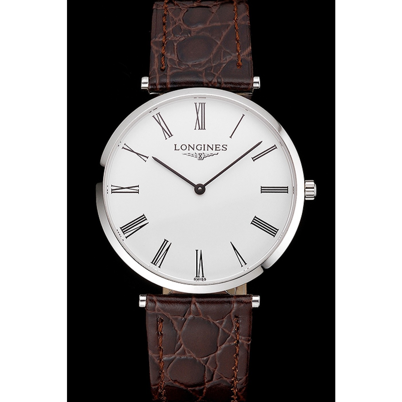 MiroTime Swiss Longines Grande Classique White Dial Roman Numerals Stainless Steel Case Brown Leather Strap