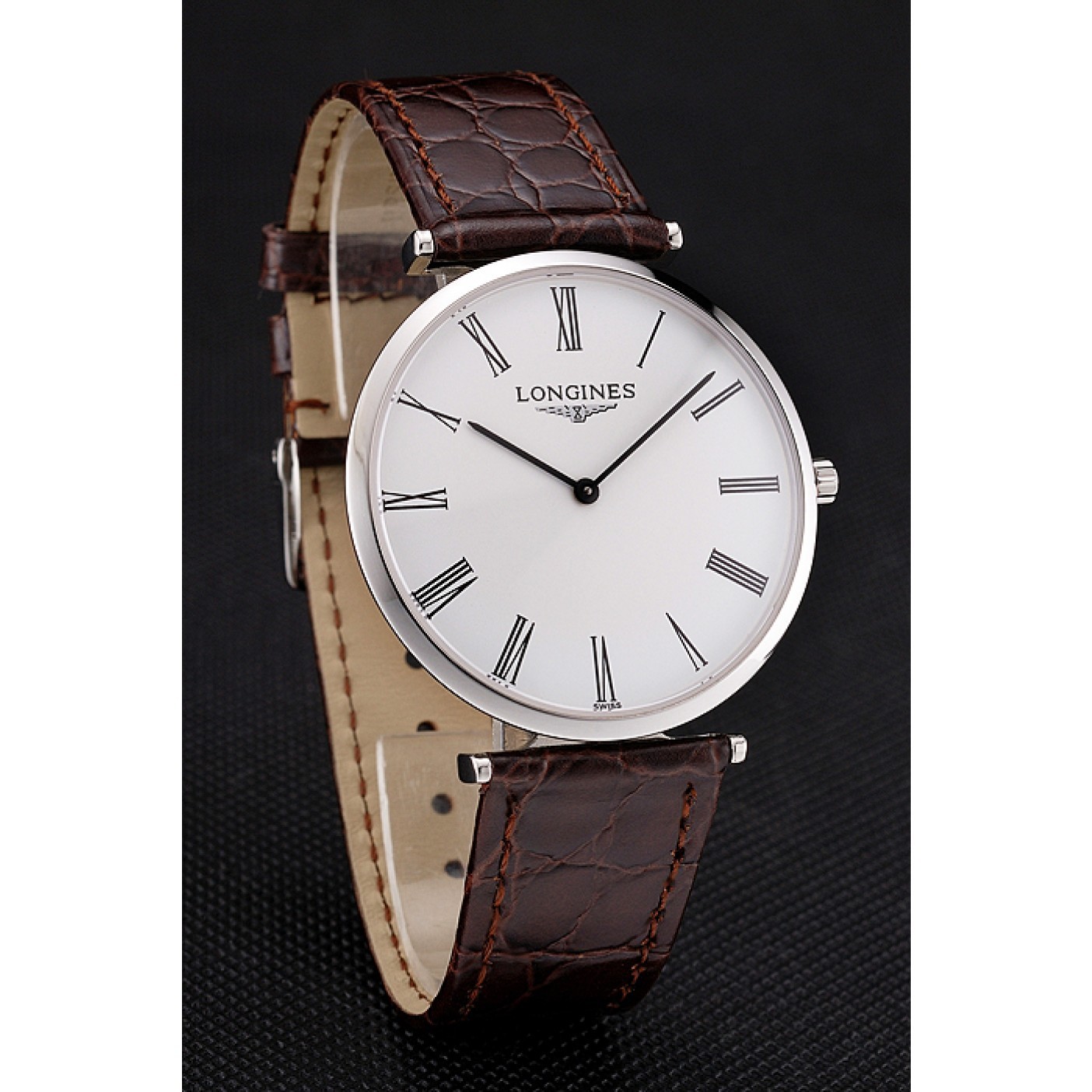 MiroTime Swiss Longines Grande Classique White Dial Roman Numerals Stainless Steel Case Brown Leather Strap