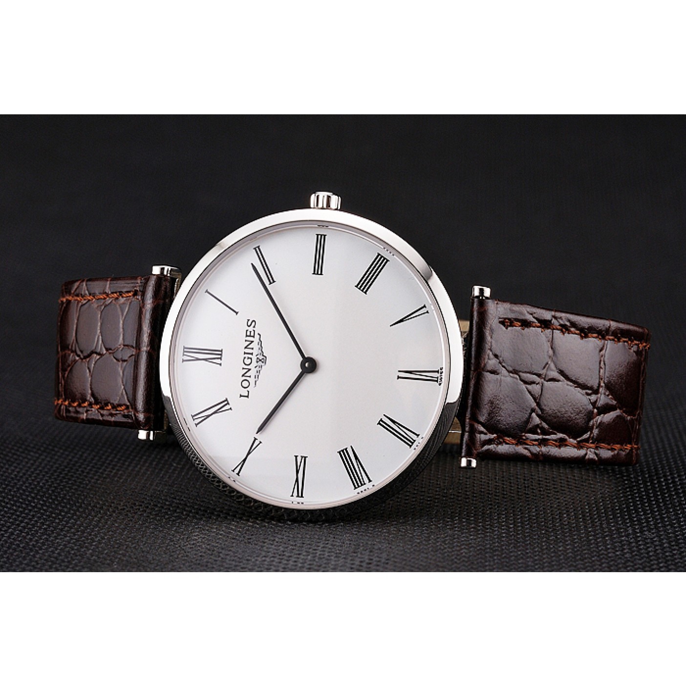 MiroTime Swiss Longines Grande Classique White Dial Roman Numerals Stainless Steel Case Brown Leather Strap