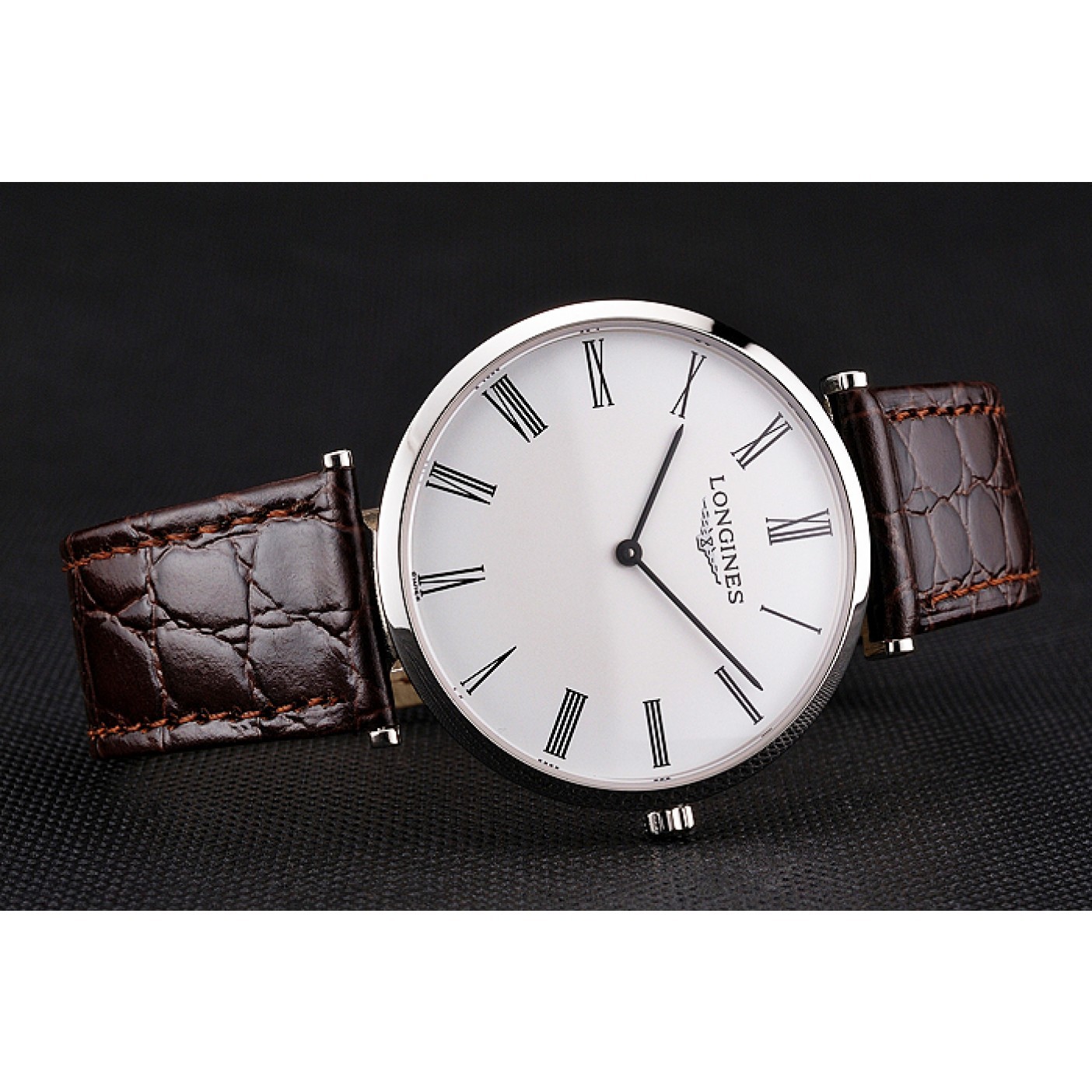 MiroTime Swiss Longines Grande Classique White Dial Roman Numerals Stainless Steel Case Brown Leather Strap